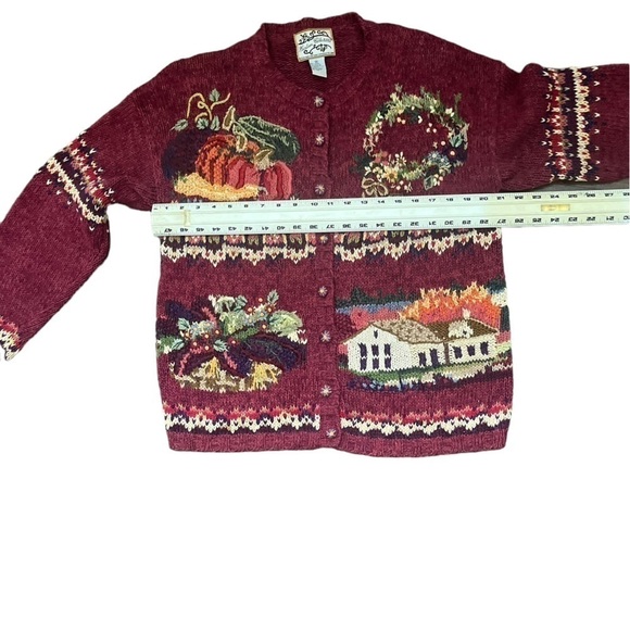 Vintage Heirloom Knit Fall Cardigan Sweater Med Pumpkins Hand Knit 1980s Fall - Picture 10 of 12